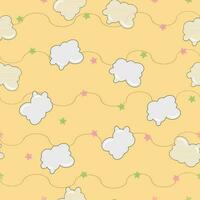 Vector seamless hand drawn pattern with cute cartoon clouds and stars in wavy line background