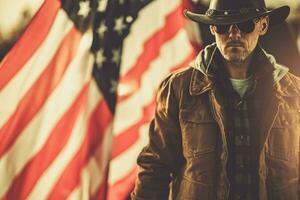 Proud American Cowboy Staying Next to USA National Flag. photo