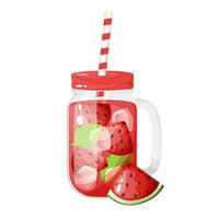 Watermelon summer cold drink in a glass jar with lid and straw. Isolated on white background vector