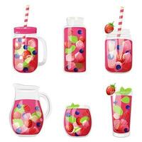 Summer drinks with berries in a different glass containers. vector