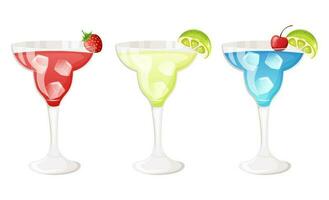 Classic, strawberry and blue margarita cocktail set. Alcoholic drinks illustration. vector