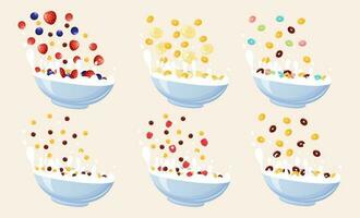 Bowl collection with milk, banana, berries,  corn rings and balls. Milk splashes. Healthy breakfast. vector