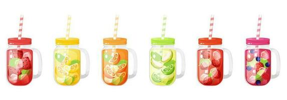 Different fruits and berries cold drinks in a glass jar with cap and straw. Soft drinks vector illustration.