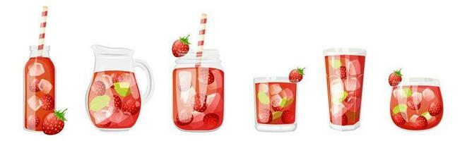 Summer soft cold drinks in different glass container with strawberry and mint. Cartoon vector illustration isolate on white background.