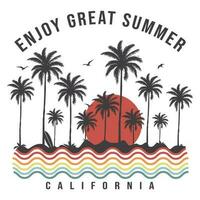 Enjoy Great Summer California Beach Waves with Palm trees vector illustration, text with a waves illustration, for t-shirt prints, posters. Summer Beach Vector illustration.