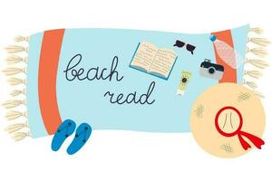 Beach towel with book, sunglasses, flip flops, hat,camera,sunscreen,bottle. Beach read. Relaxing time to reading. vector