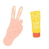 Hand with SPF cream on two fingers. How much to apply sunscreen cream on a face. Skin care routine. vector