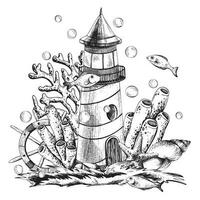 Lighthouse with corals, algae, a rudder and a fish isolated composition, hand-drawn in a graphic. Vector, marine composition, in EPS format. For poster, postcard, print. vector
