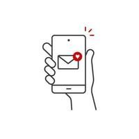 Hand hold smartphone, heart email send, new love message line icon. Phone message outline icon. Isolated vector