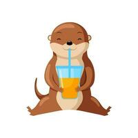 Cute Otter drinking juice isolated on white background. Smiling cartoon character sitting happy. vector