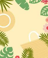 Vector summer beach background with tropical leaves and beach accessories. Flat summer background for text.