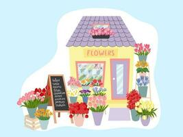 Floral market facade interior illustration. Flat style flower shop decorated with plants and flowers vector illustration.
