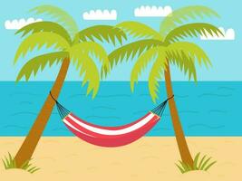 Vector sandy beach with palms and hammock flat illustration. Flat style beach landscape illustration with green tropical palms and hammock