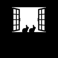 Pair of the Rabbit or Bunny on the Window Silhouette, for Background, Poster Art Illustration, or Graphic Design Element. Vector Illustration