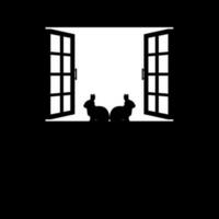 Pair of the Rabbit or Bunny on the Window Silhouette, for Background, Poster Art Illustration, or Graphic Design Element. Vector Illustration