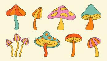 Set of hippie magic mushrooms. Psychedelic colorful abstract mushroom in retro 70s style. vector