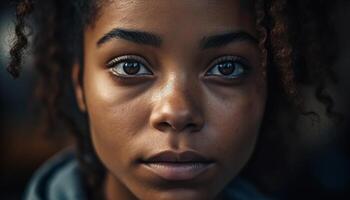 sonriente joven mujer con Rizado afro pelo generado por ai foto