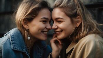 Smiling young women embracing, enjoying carefree summer days generated by AI photo