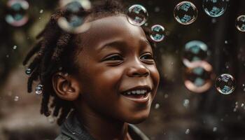 Smiling African girl playing with bubble wand outdoors generated by AI photo