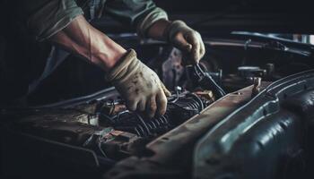 Mechanic repairing car engine with wrench tool generated by AI photo