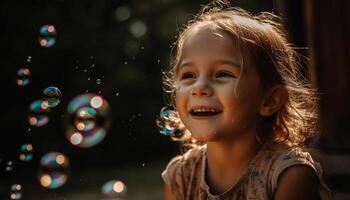 Smiling girl plays with bubbles in nature generated by AI photo