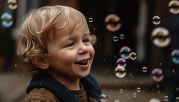 Toothy smile blowing bubbles, carefree childhood fun generated by AI photo