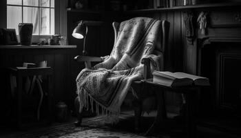 Comfortable armchair in old fashioned library with modern design generated by AI photo