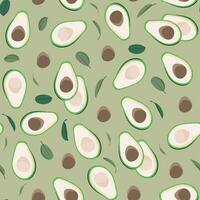 Seamless pattern sliced avocado, leaves and seeds on khaki background, Vector illustration for wrapping paper, greeting cards, wallpaper, fabric