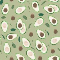 Seamless pattern sliced avocado, leaves and seeds on khaki background, Vector illustration for wrapping paper, greeting cards, wallpaper, fabric