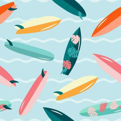 Surfboards with tropical leaves on waves cartoon summer seamless pattern. Sea surfing boards. Beach vacation travel, surf vector print. Hawaiian textile design, summertime fabric