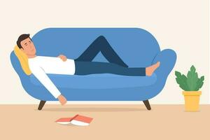 Young man sleeping on sofa with fallen book.Weekend Recreation Concept.Vector illustration vector