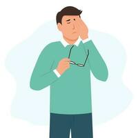 Man suffers from sore eyes. Inflammation and sharp pain in eyes.  Redness eyes. Conjunctivitis, infection and allergies symptom. Vector illustration.