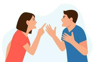 Angry people quarrel. Irritated wife and husband conflict, scene of argue, relationship problems. Aggression, conflict concept. Flat vector cartoon illustration.