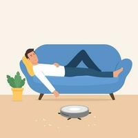 Man sleeping on the couch, robot vacuum cleaner works. Modern wireless equipment for cleaning the apartment.Cleaning concept.Vector illustration vector