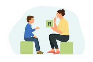 Speech therapist showing letter to little boy with disorder.Speech disorders in children.Proper articulation therapy . Vector illustration