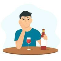 triste hombre es sentado a el mesa y Bebiendo alcohol. depresión, estrés. alcohol adiccion, perjudicial hábito. vector ilustración