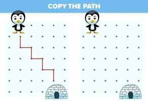 Education game for children copy the path help penguin move to the igloo printable winter worksheet vector