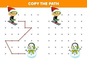 Education game for children copy the path help boy playing ski move to the snowman printable winter worksheet vector