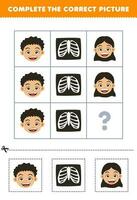 Education game for children to choose and complete the correct picture of a cute cartoon boy and girl head or x-ray ribs printable anatomy worksheet vector