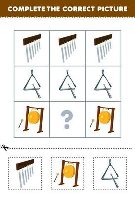 Education game for children to choose and complete the correct picture of a cute cartoon chimes gong or triangle printable music worksheet