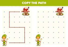 Education game for children copy the path help dwarf move to the mushroom house printable halloween worksheet vector