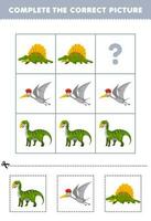 educación juego para niños a escoger y completar el correcto imagen de un linda dibujos animados verde dino o volador dino imprimible dinosaurio hoja de cálculo vector