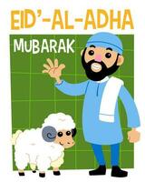 design for eid adha mubarak with cute cartoon sheep and man illustration vector