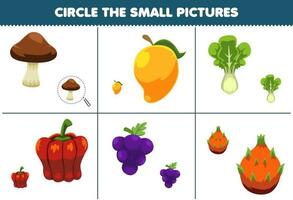 educación juego para niños circulo el pequeño imagen de linda dibujos animados seta mango lechuga pimenton uva continuar Fruta imprimible hoja de cálculo vector