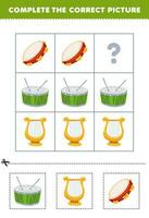 Education game for children to choose and complete the correct picture of a cute cartoon drum lyre or tambourine printable music worksheet vector