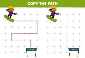 educación juego para niños Copiar el camino ayuda chico con tabla de snowboard moverse a el terminar línea imprimible invierno hoja de cálculo vector
