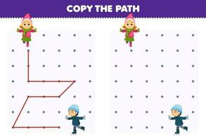 Education game for children copy the path help girl move to the boy playing ice skating printable winter worksheet vector