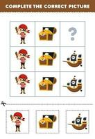 Education game for children to choose and complete the correct picture of a cute cartoon pirate ship or treasure chest printable halloween worksheet vector