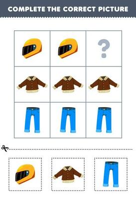 Education game for children to choose and complete the correct picture of a cute cartoon helm jacket or jean pant printable wearable worksheet