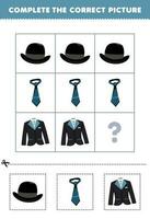 Education game for children to choose and complete the correct picture of a cute cartoon derby hat tie or suit printable wearable worksheet vector